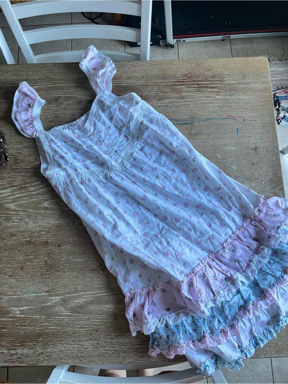 Envogue White Nightgown with Pink and Blue Floral Ruffles